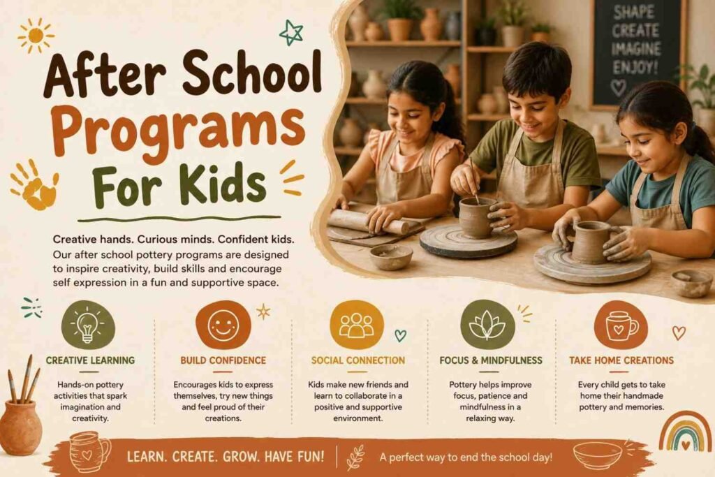 Children happily participating in a creative after-school pottery program, shaping clay and learning through fun hands-on activities in a warm studio environment.
