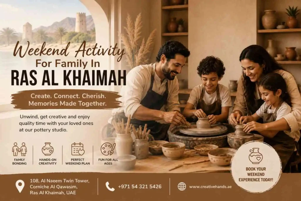 This image represents a fun and creative Weekend activity for family experience where parents and children enjoy pottery making together in a warm studio environment.