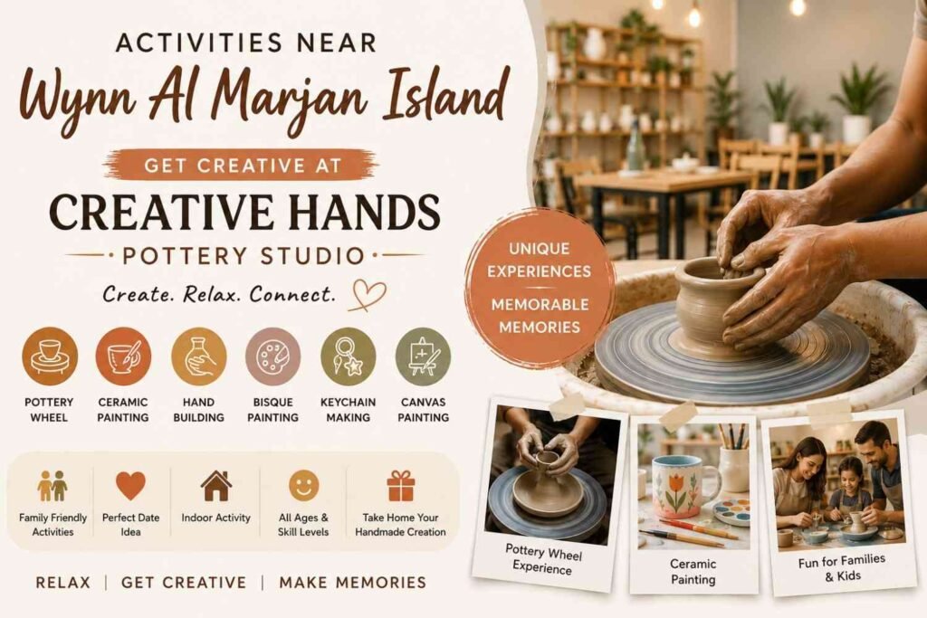 Discover the best activities near Wynn Al Marjan Island at Creative Hands Pottery Studio. Enjoy pottery wheel workshops, ceramic painting, family activities, and creative indoor experiences in Ras Al Khaimah.